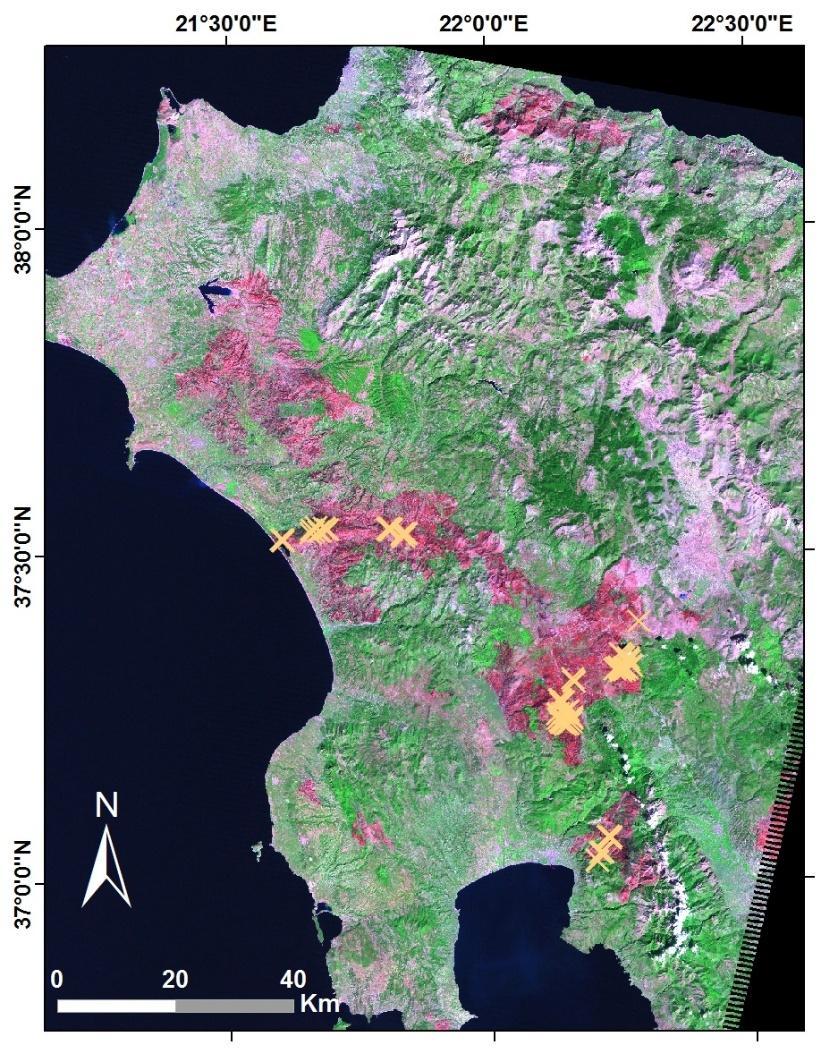 Παρακολούθηση καμένων εκτάσεων Εικόνα 6.1. Η περιοχή μελέτης της Πελοποννήσου όπως απεικονίζεται στη δορυφορική εικόνα Landsat-5 TM (σε ψευδοέγχρωμο σύνθετο RGB 7,5,4) με ημερομηνία λήψης 28/09/2007.