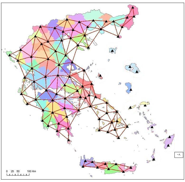 Δίκτυα μόνιμων σταθμών αναφοράς και τεχνικές δικτύωσης 27 Σχήμα 2.8: Περιοχές δικτυακής λύσης του συστήματος HEPOS (Πηγή: ΚΤΗΜΑΤΟΛΟΓΙΟ Α.Ε.).