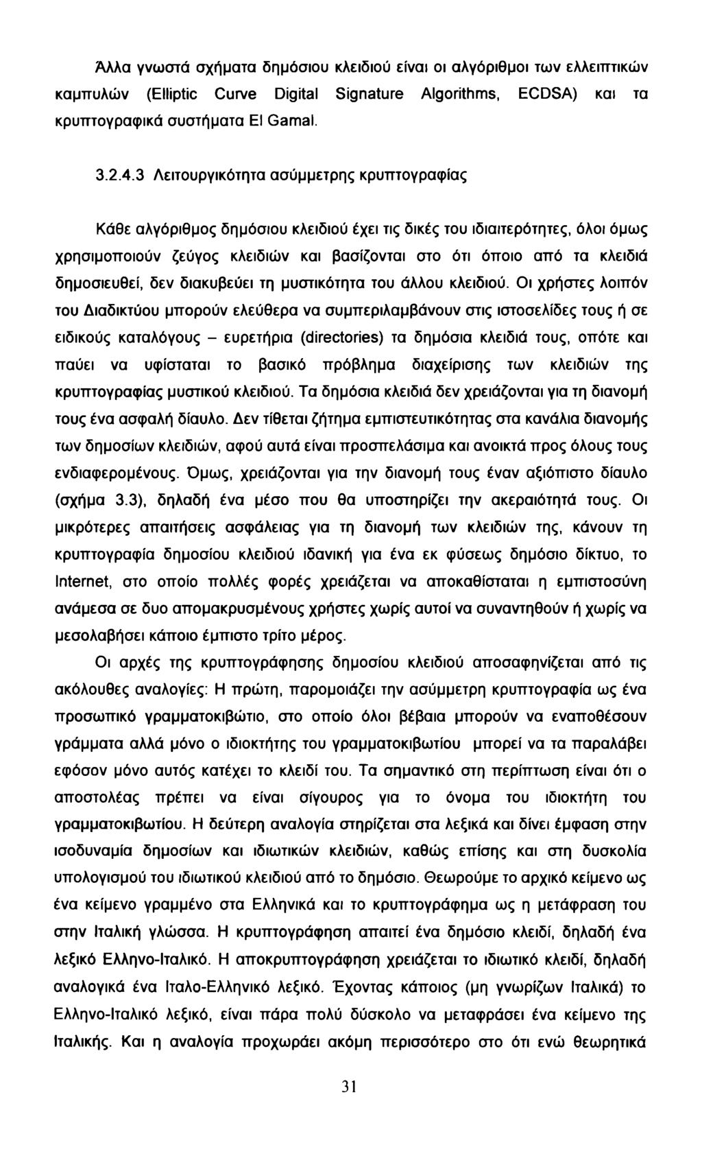 Άλλα γνωστά σχήματα δημόσιου κλειδιού είναι οι αλγόριθμοι των ελλειπτικών καμπύλών (Elliptic Curve Digital Signature Algorithms, ECDSA) και τα κρυπτογραφικά συστήματα El Gamal. 3.2.4.