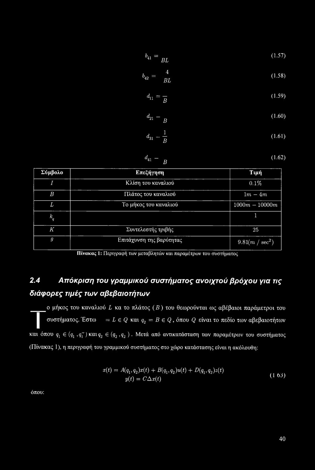 81(m / sec2) Πίνακας 1: Περιγραφή των μεταβλητών και παραμέτρων του συστήματος 2.