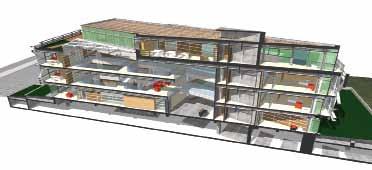 Επιπλέον, δημιουργείται ένα κεντρικό αίθριο γύρω από το οποίο αναπτύσσονται τα γραφεία, ενώ στον τρίτο όροφο δημιουργείται βατό φυτεμένο δώμα, που συμβάλλει με τον καλύτερο τρόπο στην ενεργειακή