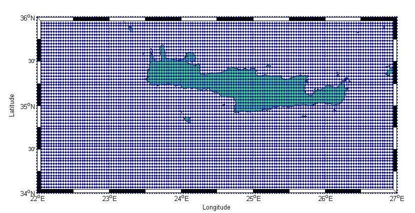 Εικόνα 2.3 Πλέγμα πρόγνωσης των δεδομένων της δορυφορικής αλτιμετρίας 2.2. Επεξεργασία Αναγωγές Για τον προσδιορισμό των μοντέλων γεωειδούς/μσθ και βαρύτητας χρησιμοποιήθηκαν έξι διαφορετικές μέθοδοι παρεμβολής των πρωτογενών δεδομένων SLA του CRYOSAT-2.