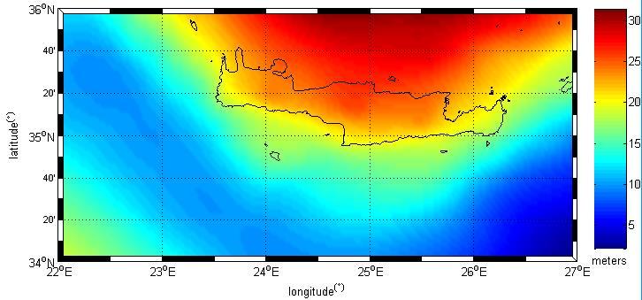 Εικόνα 2.13 Μοντέλο γεωειδούς για την περιοχή της Κρήτης Τιμές στατιστικών χαρακτηριστικών (m) του μοντέλου γεωειδούς της Κρήτης Mean Min Max RMS Std 16.024 2.145 31.234 17.417 2.060 Πίνακας 2.