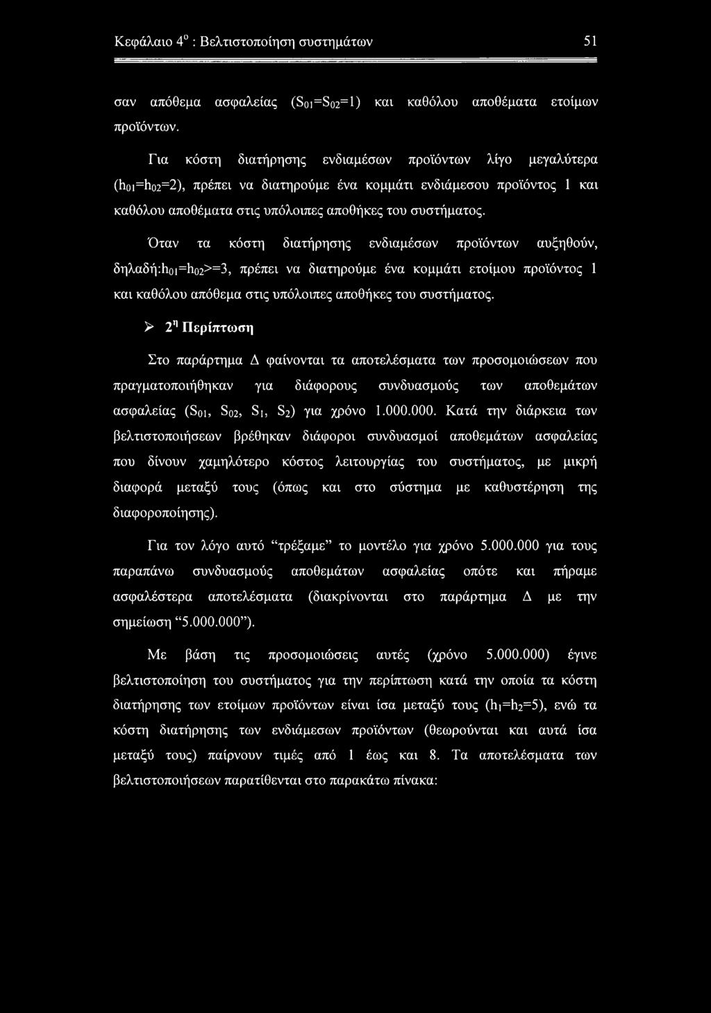 Όταν τα κόστη διατήρησης ενδιαμέσων προϊόντων αυξηθούν, δηλαδή:hoi=ho2>=3, πρέπει να διατηρούμε ένα κομμάτι ετοίμου προϊόντος 1 και καθόλου απόθεμα στις υπόλοιπες αποθήκες του συστήματος.