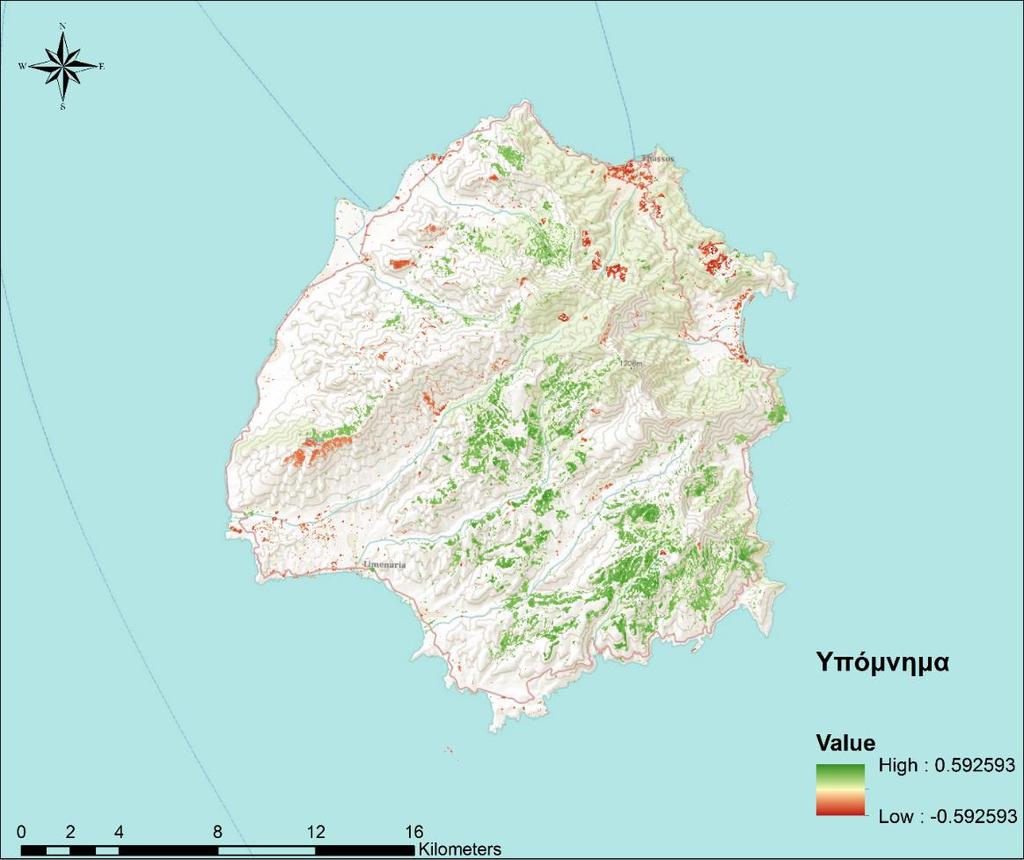 Στην Εικόνα 66 παρακάτω φαίνονται οι περιοχές του νησιού όπου παρατηρούνται οι στατιστικά σημαντικές τάσεις κατά 95% του δείκτη NDVI, με κόκκινο χρώμα οι αρνητικές και με πράσινο οι θετικές.
