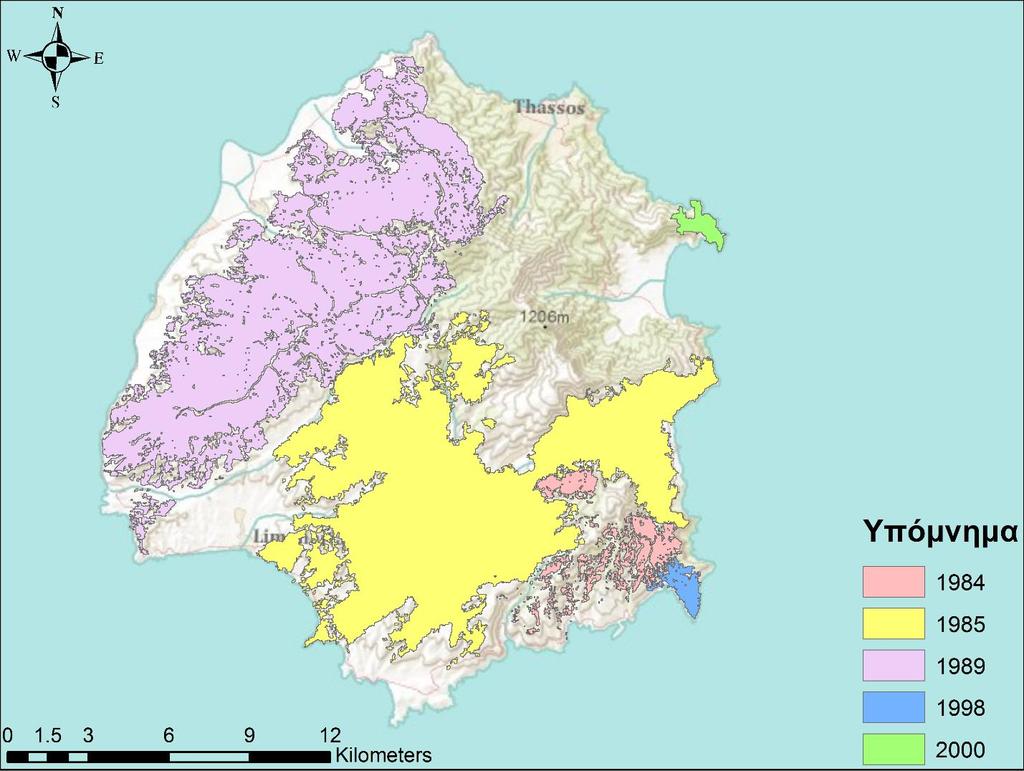 7.2. ΧΑΡΤΗΣ ΠΥΡΚΑΓΙΩΝ Εικόνα 70: Οι περίμετροι των πυρκαγιών. Πίνακας 40: Η έκταση των πυρκαγιών. Έτος Έκταση (ha) 1984 711.09 1985 9209.7 1989 8648.46 1998 224.37 2000 148.