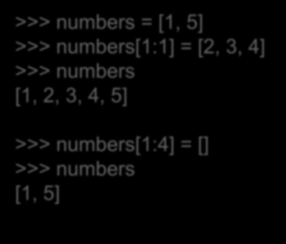 Αλλαγή τμημάτων λίστας Μπορούμε να αλλάξουμε ολόκληρα τμήματα λιστών με χρήση slicing >>> numbers = [1, 5] >>> numbers[1:1] = [2, 3, 4] >>> numbers [1,