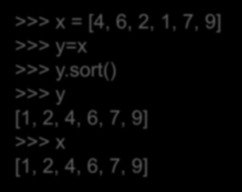 Μέθοδοι λίστών (sort) Άσκηση: Θέλουμε να αρχικοποιήσουμε μια νέα λίστα με τα περιεχόμενα της x ταξινομημένα, χωρίς να πειράξουμε τη x = [4, 6, 2, 1, 7, 9] >>> y=x