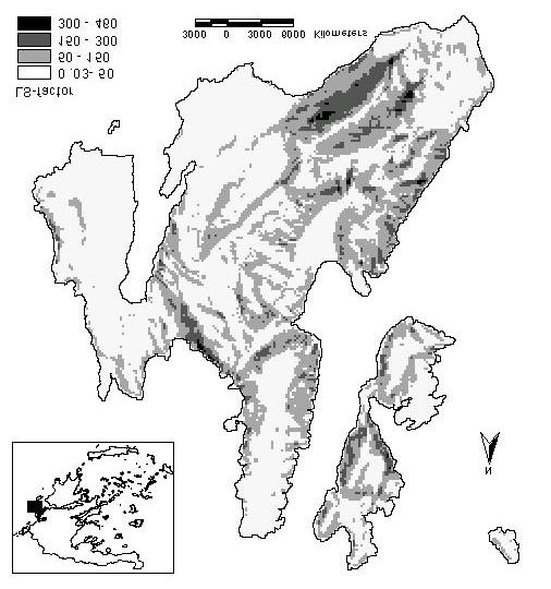 την ψηφιοποίηση των χαρτών της Γεωγραφικής Υπηρεσίας Στρατού (ΓΥΣ) σε κλίµακα 1:50.000. Σχήµα 1 (αριστερά): Χάρτης του συντελεστή εδαφικής διαβρωσιµότητας (Κ) της νήσου Κεφαλληνίας.