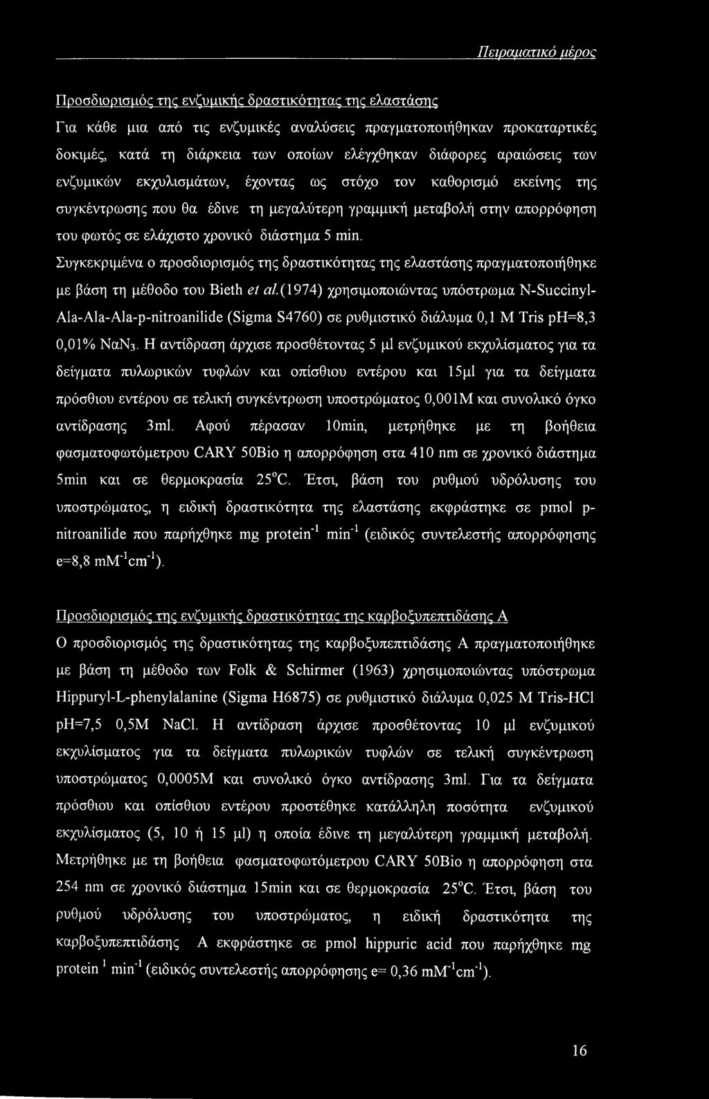 διάστημα 5 min. Συγκεκριμένα ο προσδιορισμός της δραστικότητας της ελαστάσης πραγματοποιήθηκε με βάση τη μέθοδο του Bieth el α/.