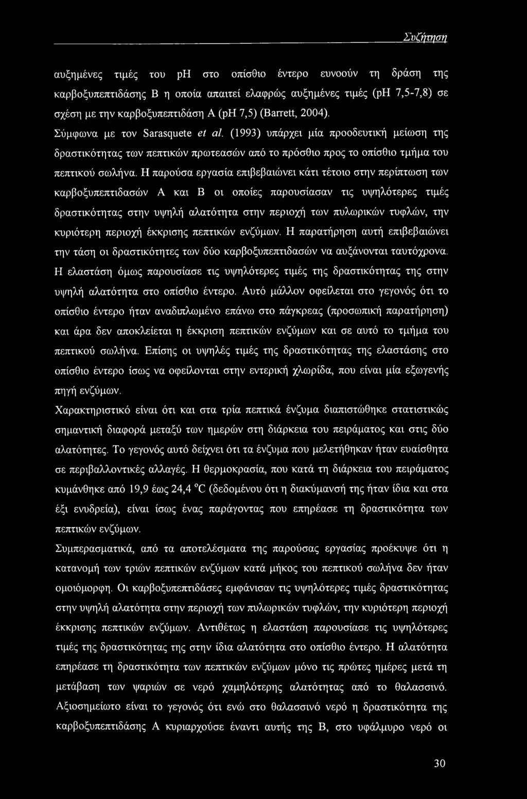 Συζήττ/ση αυξημένες τιμές του ph στο οπίσθιο έντερο ευνοούν τη δράση της καρβοξυπεπτιδάσης Β η οποία απαιτεί ελαφρώς αυξημένες τιμές (ph 7,5-7,8) σε σχέση με την καρβοξυπεπτιδάση A (ph 7,5) (Barrett,