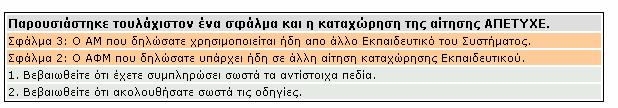 Εάν υπάρχει ο ΑΜ ή ο ΑΦΜ σε άλλη αίτηση ή σε άλλο εκπαιδευτικό στο σύστηµα εµφανίζεται σχετικό σφάλµα (Εικόνα 25). Εικόνα 25 Σφάλµατα κατά την διαδικασία της καταχώρησης της αίτησης.