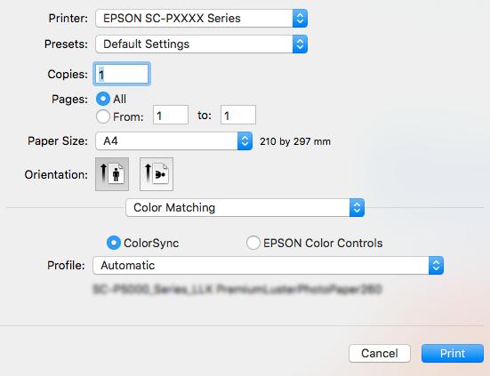 Εκτύπωση διαχείρισης χρώματος C Επιλέξτε Color Matching (Αντιστοίχιση χρωμάτων) από τη λίστα και, στη συνέχεια, κάντε κλικ στο ColorSync.