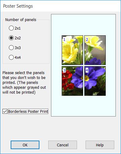 Επιλογές εκτύπωσης C Στην οθόνη Poster Settings (Ρυθμίσεις αφίσας), επιλέξτε τον αριθμό των εκτυπωμένων φύλλων που θέλετε στην αφίσα.