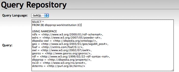 SELECT * Sesame FROM {B} dbpprop:workinstitution {C} Το * στα ερωτήµατα χρησιµοποιείται όταν θέλουµε να εµφανιστούν όλες οι µεταβλητές που χρησιµοποιούµε στο ερώτηµά µας.