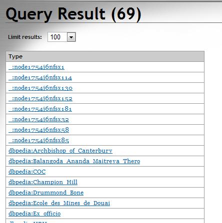 Εικόνα 17 - "SPARQL Query στο Sesame" Το παραπάνω ερώτηµα απλά µας δίνει σαν απάντηση µία λίστα µε τους τύπους που περιγράφονται µέσα στα δεδοµένα.
