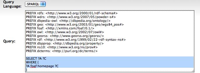 SELECT?A?C Sesame WHERE {?A foaf:homepage?
