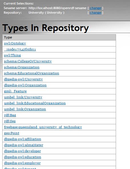 Τύποι στο Αποθετήριο (Repository) Σε αυτό το tab του Sesame µπορούµε να δούµε όλους τους τύπους που έχουµε χρησιµοποιήσει στο αρχείο RDF.