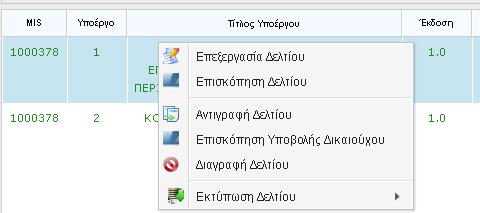 - Οι ενέργειες που είναι διαθέσιμες σε κάθε δελτίο εξαρτάται από το είδος του χρήστη (δικαιούχος ή χειριστής ΔΑ) και από τις αρμοδιότητές του (Συμπλήρωση Υποβολή) καθώς και από την