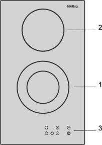 Ceramic glass hob surface 1 - front cooking zone - duo-zone 2 - rear cooking zone 3 - control panel Hob control elements A - sensor for disabling of function (key) B - sensor of power switching
