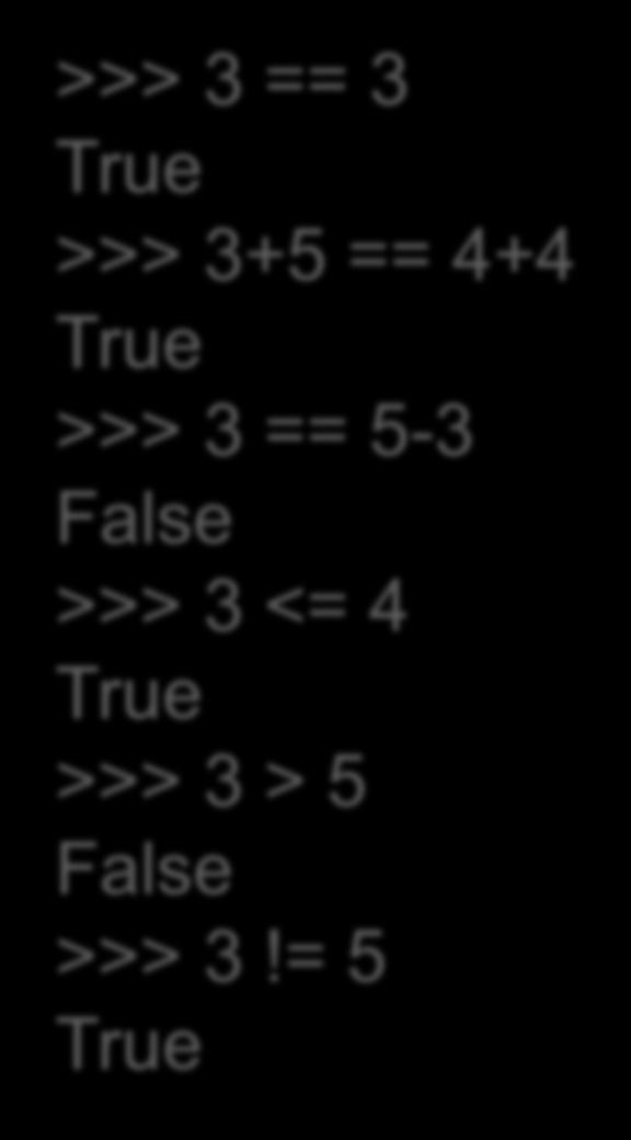 Τελεστές Σύγκρισης Αριθμών >>> 3 == 3 True >>> 3+5 == 4+4 True >>> 3 == 5-3 False >>> 3 <=