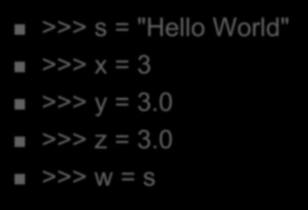 Οι μεταβλητές δίνουν ονόματα σε αντικείμενα >>> s = "Ηello World" >>> x = 3 >>> y = 3.