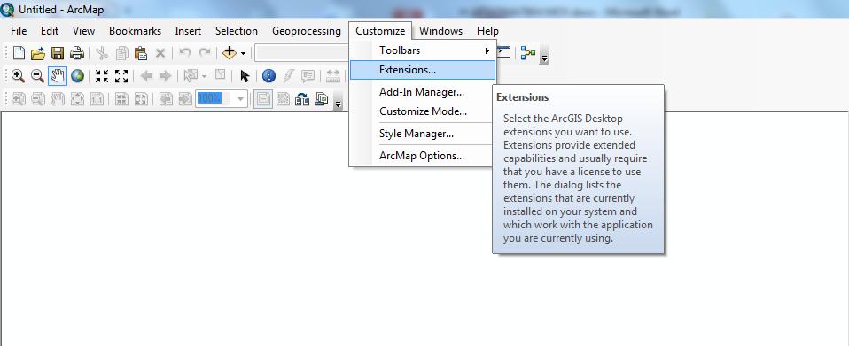 Εικόνα 3.5: Η διαδρομή Customize -> Extensions για την ενεργοποίηση των εργαλειοθηκών «Spatial Analyst» και «3D Analyst». Εικόνα 3.