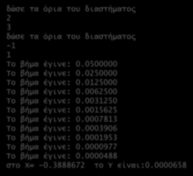 Βηματική Προσέγγιση σε ψευδοκώδικα δώσε τα όρια του διαστήματος 2 3 δώσε τα όρια του διαστήματος -1 1 Το βήμα έγινε: 0.0500000 Το βήμα έγινε: 0.0250000 Το βήμα έγινε: 0.0125000 Το βήμα έγινε: 0.