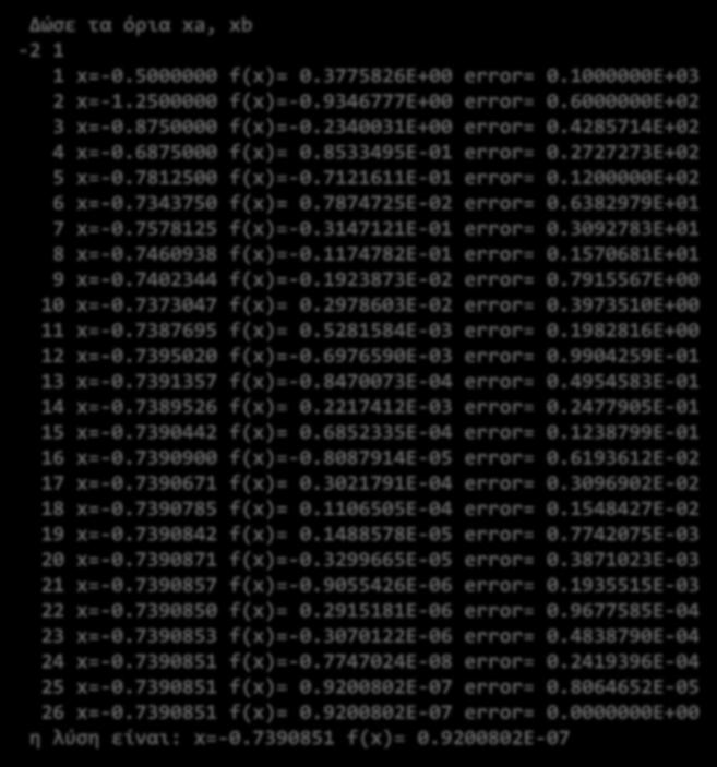 Δώσε τα όρια xa, xb -2 1 1 x=-0.5000000 f(x)= 0.3775826E+00 error= 0.1000000E+03 2 x=-1.2500000 f(x)=-0.9346777e+00 error= 0.6000000E+02 3 x=-0.8750000 f(x)=-0.2340031e+00 error= 0.4285714E+02 4 x=-0.