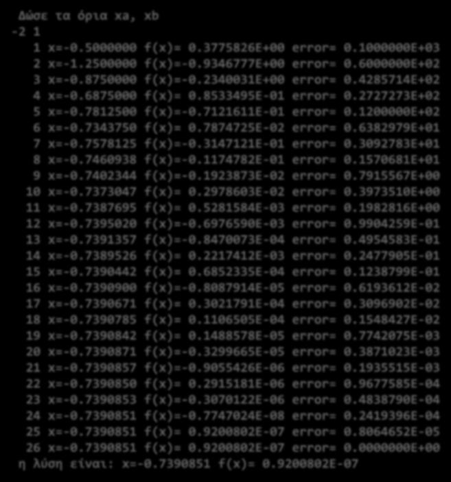 Δώσε τα όρια xa, xb -2 1 1 x=-0.5000000 f(x)= 0.3775826E+00 error= 0.1000000E+03 2 x=-1.2500000 f(x)=-0.9346777e+00 error= 0.6000000E+02 3 x=-0.8750000 f(x)=-0.2340031e+00 error= 0.4285714E+02 4 x=-0.