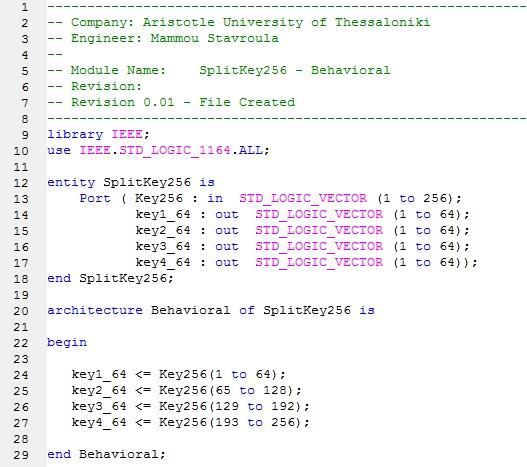 Εικόνα 28 Κώδικας SpliKey256 5.1.3 Στοιχείο κυκλώματος: noncerand Το στοιχείο αυτό περιέχει τις 4 αρχικές τυχαίες τιμές των καταχωρητών, που δίνονται για την εκκίνηση της αρχικοποίησης.