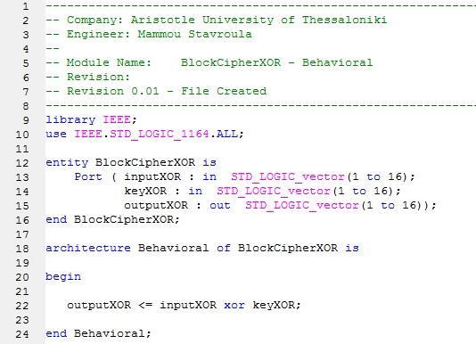 5.4.1.2 Στοιχείο κυκλώματος: BlockCipherXOR Πρόκειται για την απλή εφαρμογή της λογικής πράξης της αποκλειστικής διάζευξης μεταξύ δύο διανυσμάτων 16 bit το καθένα.