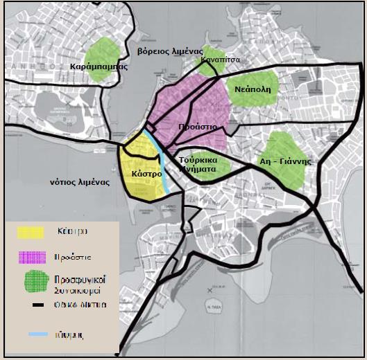 Εικόνα 17: Η πολεοδομική εξέλιξη της Χαλκίδας μετά την εμφάνιση των προσφυγικών οικισμών Πηγή: Καλαθέρη, 2008 Το 1945 η έκταση της Χαλκίδας περιορίζεται σε αυτήν που σήμερα θεωρείται κέντρο πόλης.