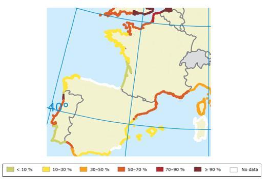 συνολικό μήκος της είναι 7.880 km. Βάσει του MSFD τα θαλάσσια ύδατα της Ισπανίας ταξινομούνται στις ίδιες θαλάσσιες περιοχές με τη Γαλλία (Εικόνα 1).