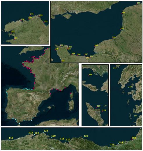 ορίζεται από τις γεωγραφικές συντεταγμένες (λ,φ) και στο σύνολο τους είναι 82 (Εικόνα 19). Το σύστημα αναφοράς των συντεταγμένων τους είναι το ελλειψοειδές WGS 84.