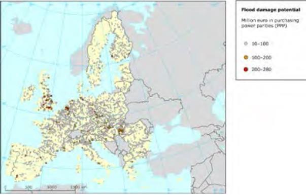 Εικόνα 17: Προβλεπόμενες περιοχές-αποδέκτες των επιπτώσεων των πλημμύρων στην Ευρώπη Πηγή: EEA (2010) Σύμφωνα με την έκθεση PESETA, οι ζημιές οι οποίες θα προκληθούν από πλημμύρες σε ευρωπαικό