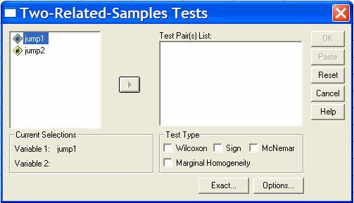 Στο αριστερό πεδίο του πλαισίου διαλόγου «Two-Related-Samples Tests» (Εικ.2) εμφανίζονται οι μεταβλητές του αρχείου (jump1 και jump2).
