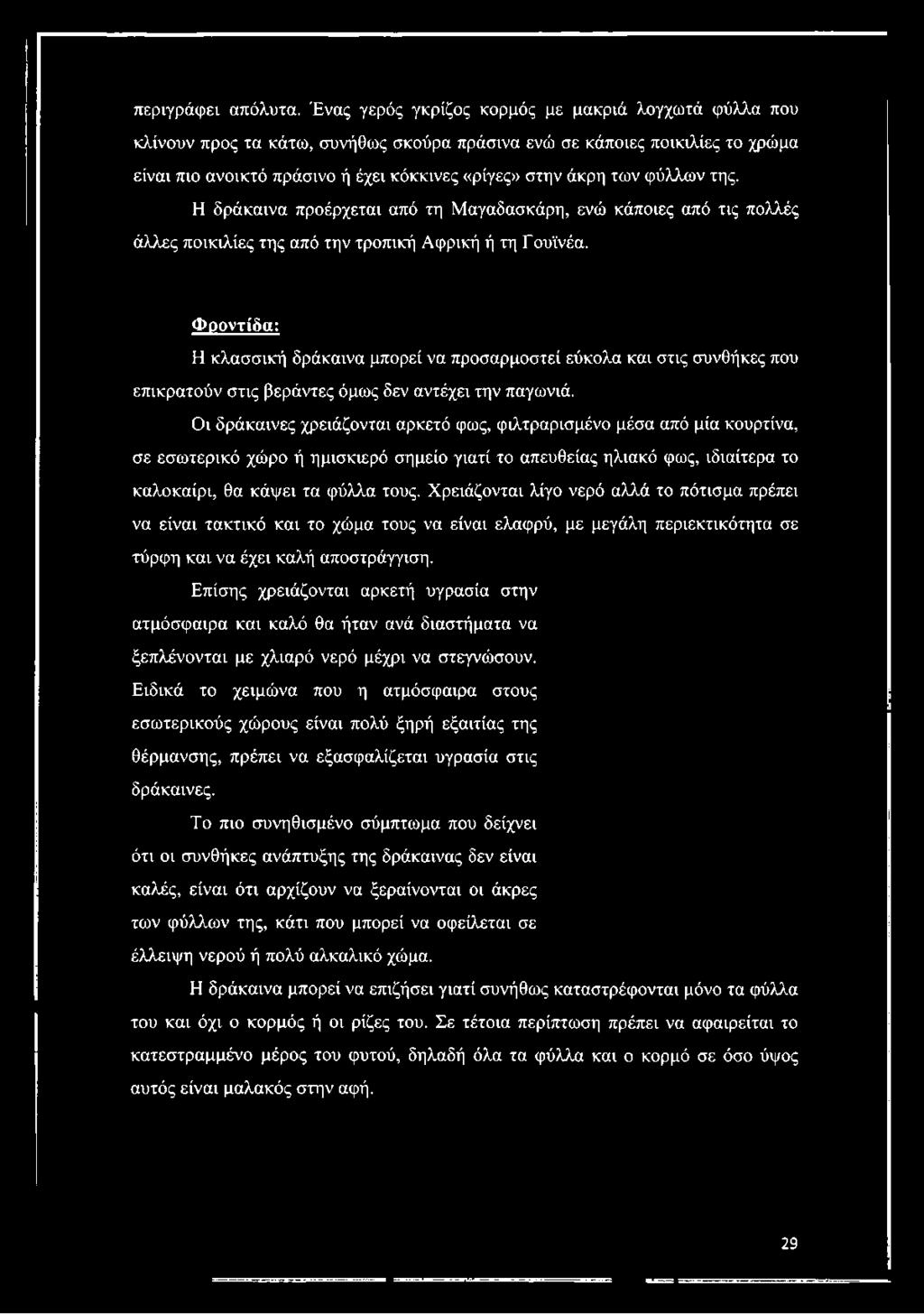 Οι δράκαινες χρειάζονται αρκετό φως, φιλτραρισμένο μέσα από μία κουρτίνα, σε εσωτερικό χώρο ή ημισκιερό σημείο γιατί το απευθείας ηλιακό φως, ιδιαίτερα το καλοκαίρι, θα κάψει τα φύλλα τους.