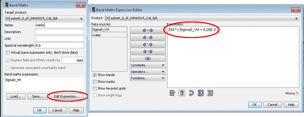 Εικόνα 26. Band Maths Editor &Expression Editor Χρησιμοποιώντας αυτήν την έκφραση δημιουργούμε τελικά την νέα εικόνα στην οποία διαχωρίζεται το νερό από τις υπόλοιπες περιοχές (Εικόνα 27). Εικόνα 26.
