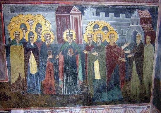 Ο Βόρης Α σε συνάντηση με τους αδελφούς Κύριλλο και Μεθόδιο. Φρέσκο 16 ου αι., στο μοναστήρι Eleshnitsa, κοντά στη Σόφια, Βουλγαρία.