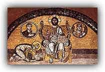 10 ος αι. Ο Λέων ΣΤ ο Σοφός σε προσκύνηση του Χριστού, περίπου 912. Νάρθηκας, Τύμπανο πάνω από τη «βασίλειο πύλη». Αγία Σοφία, Κωνσταντινούπολη.
