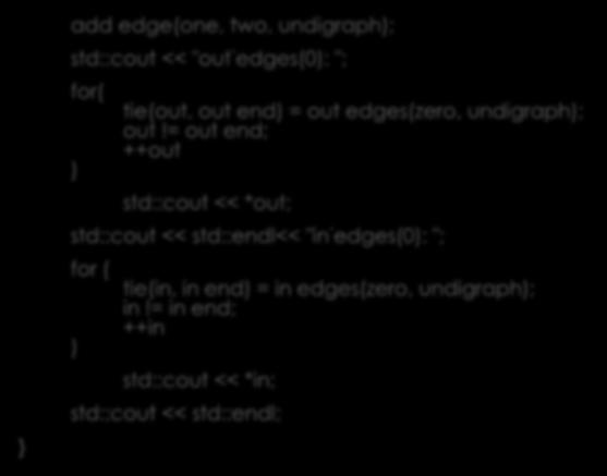 undigraph); two = vertex(2, undigraph); add edge(zero, one, undigraph); add edge(zero, two, undigraph); } add edge(one, two, undigraph); std::cout << "out edges(0): "; for( ) tie(out, out end) = out