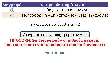 Σχήμα 6: Αναζήτηση και διαγραφή κατηγοριών τμημάτων Τριτοβάθμιας Εκπαίδευσης ΔΙΑΧΕΙΡΙΣΗ ΣΧΕΣΕΩΝ (ΣΥΝΤΕΛΕΣΤΕΣ ΒΑΡΥΤΗΤΑΣ) Εισαγωγή Σχέσεις: Από την επιλογή αυτή, οι διαχειριστές ESOG έχουν τη