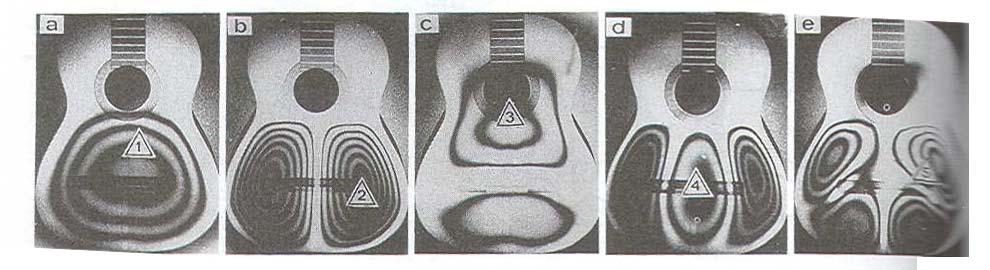 ΣΧΗ Α 4.3: ι πέντε πρώτοι τρόποι ταλάντωσης του καπακιού της κιθάρας χωρίς την πλάτη και τις χορδές με τη μέθοδο της ολογραφικής συμβολομετρίας.