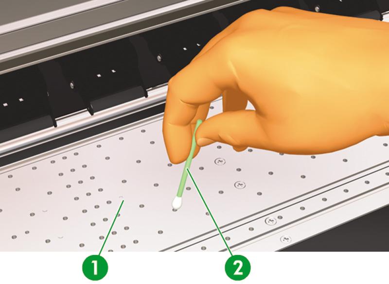 5. Εάν υπάρχουν εναποθέσεις μελανιού στις οπές κενού του τυμπάνου (1), καθαρίστε τις χρησιμοποιώντας τα μικρά βουρτσάκια βαμβακιού 3 mm του εμπορίου (2) και κατόπιν αφαιρέστε τίς εναποθέσεις μελανιού