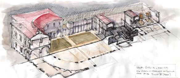 Προοπτική απεικόνιση της villa Giulia συσχέτιση με τη γειτονική πόλη, ώστε να μην αποκόπτεται από αυτήν.