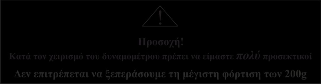 ) Μετρήσεις: α) Προσδιορισμός του βάρους βαριδίων συνολικής μάζας 100 και 150 g 1. Έχοντας το δυναμόμετρο να κρέμεται ελεύθερα κατακόρυφα προς τα κάτω, μετακινούμε πολύ προσεκτικά τον Δρομέα (βλ.