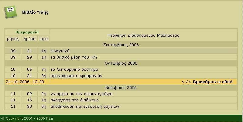 Εικόνα 8: Υποσύστηµα Βιβλίο Ύλης Υλικό Μαθήµατος Στο Υλικό Μαθήµατος µπορείτε να βρείτε διαθέσιµα έγγραφα, σηµειώσεις, φυλλάδια του καθηγητή για το