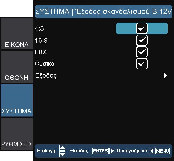 Χειριστήρια Χρήστη NOTE Η λειτουργία Γεννήτρια Ελέγχου θα γκριζάρει όταν είναι ενεργό το 3D. Γεννήτρια Ελέγχου Εμφανίζει ένα μοτίβο δοκιμής. Υπάρχουν τα μοτίβα Πλέγμα, Λευκό και Ανενεργό.
