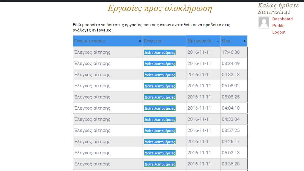 Εικόνα 3.24: Η αρχική σελίδα του Compus, όπως τη βλέπει ο υπάλληλος Ο χρήστης επιλέγει κάνοντας κλικ στην επιλογή «Εργασίες προς Ολοκλήρωση», μεταφέρεται στη λίστα των tasks που του έχουν ανατεθεί.